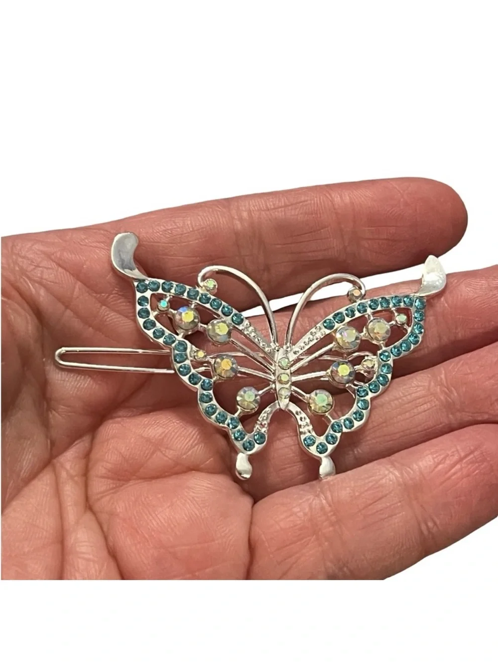 Elegant Silver Blue Crystal Rhinestone Butterfly Hair Clip 3.0”FINAL PRICE DROP